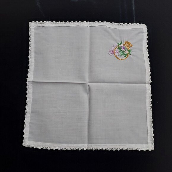 Balassa Handcrafted Embroidered Handkerchief Easter Basket Full of Purple Flower - Picture 4 of 10